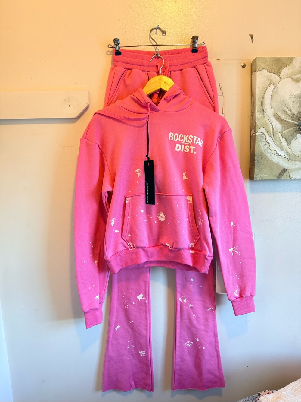 Rockstar Original Pink Paint Splatter Hoodie & Flared Jogger Set
